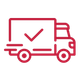 Icono de camión de reparto rojo con una marca de verificación en el lateral.