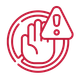 Icono de mano roja de stop con signo de exclamación de advertencia dentro de un círculo.