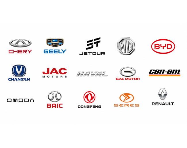 Collage de logotipos de marcas de automóviles chinas sobre un fondo blanco, incluyendo Chery, Geely, BYD, Changan y Renault.