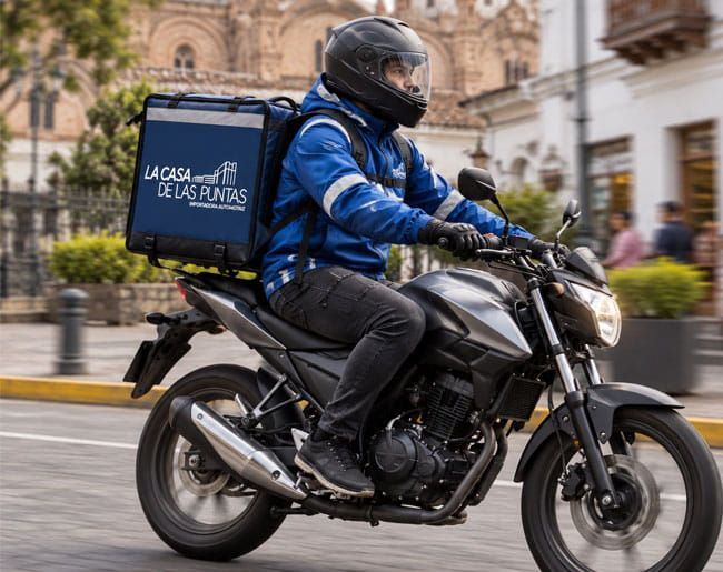 Mensajero en motocicleta negra entregando una bolsa azul en una calle de la ciudad.