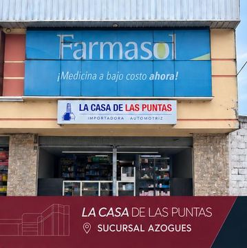 Storefront signs for Farmasol and La Casa de las Puntas in Azogues