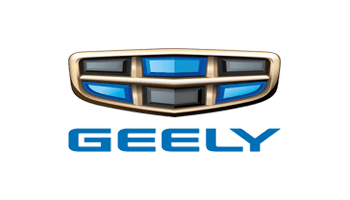 Logotipo de la marca de automóviles Geely con emblema y nombre en azul y plateado.