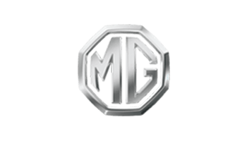 Logotipo plateado de un coche MG sobre fondo blanco.