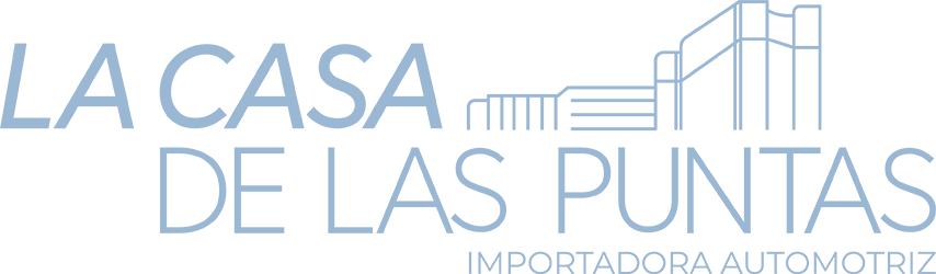 Logotipo de “La Casa de las Puntas” con texto azul claro y el contorno estilizado de un edificio.