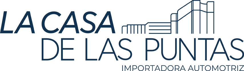 Logo de “La Casa de las Puntas” con texto azul y un auto lineal, importadora automotriz.