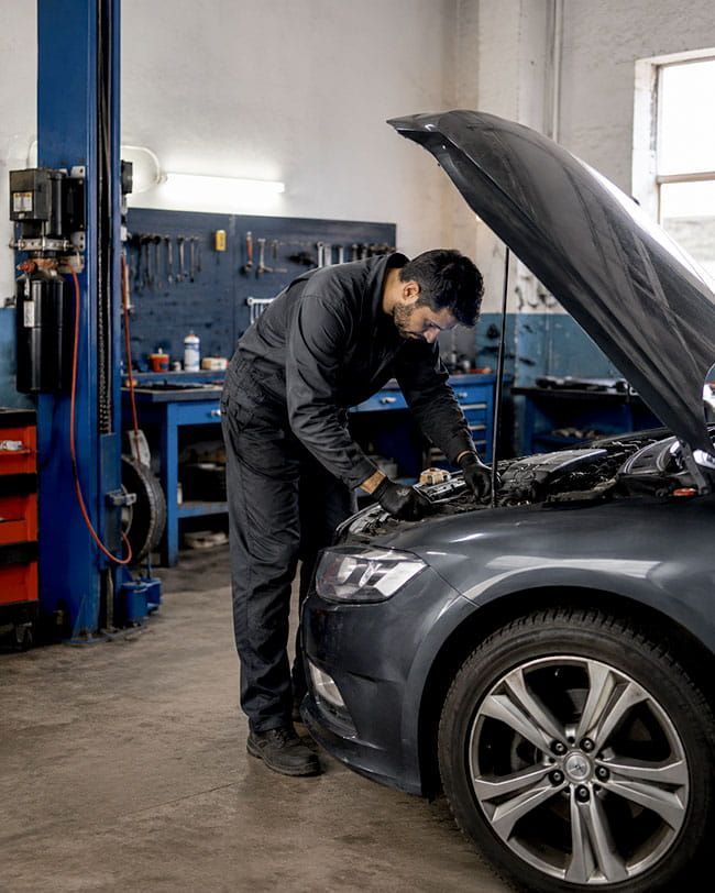 Mecánico inspeccionando el motor de un coche en un taller con el capó abierto.