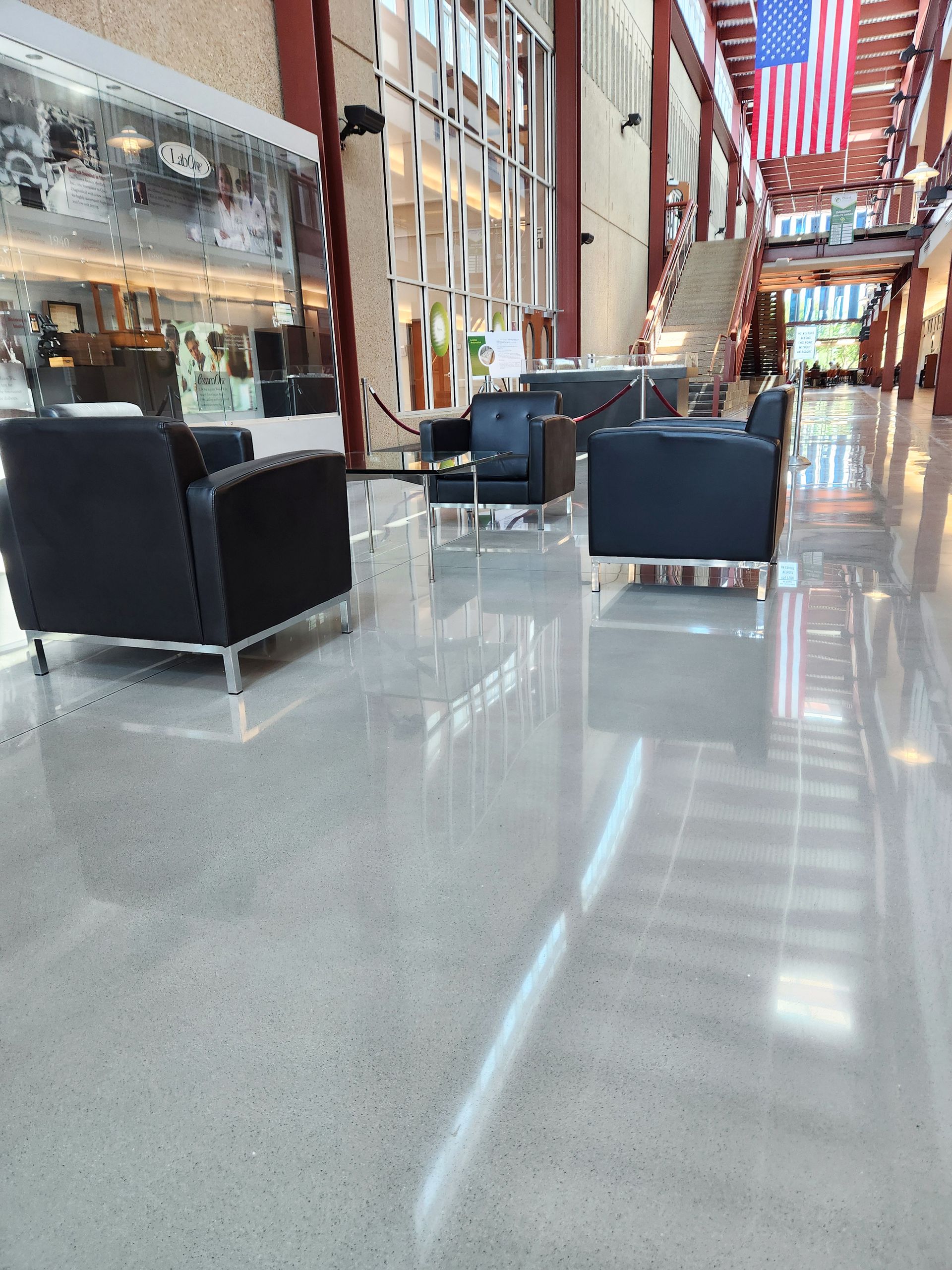 Interior of corporate office building with polished concrete floor