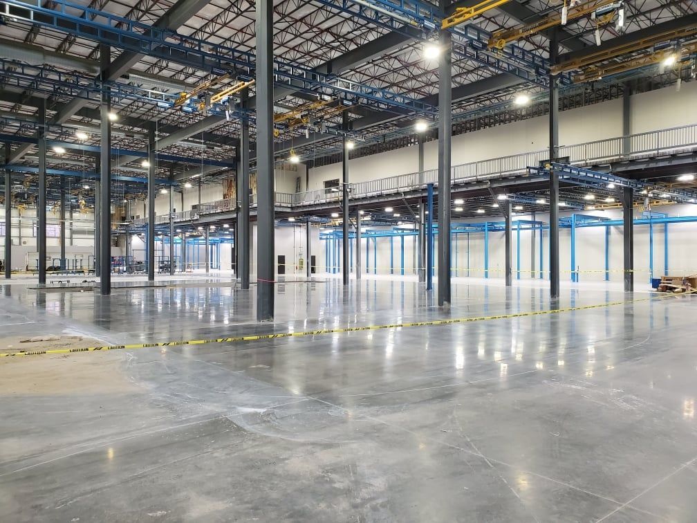 Warehouse interior with polished concrete floor