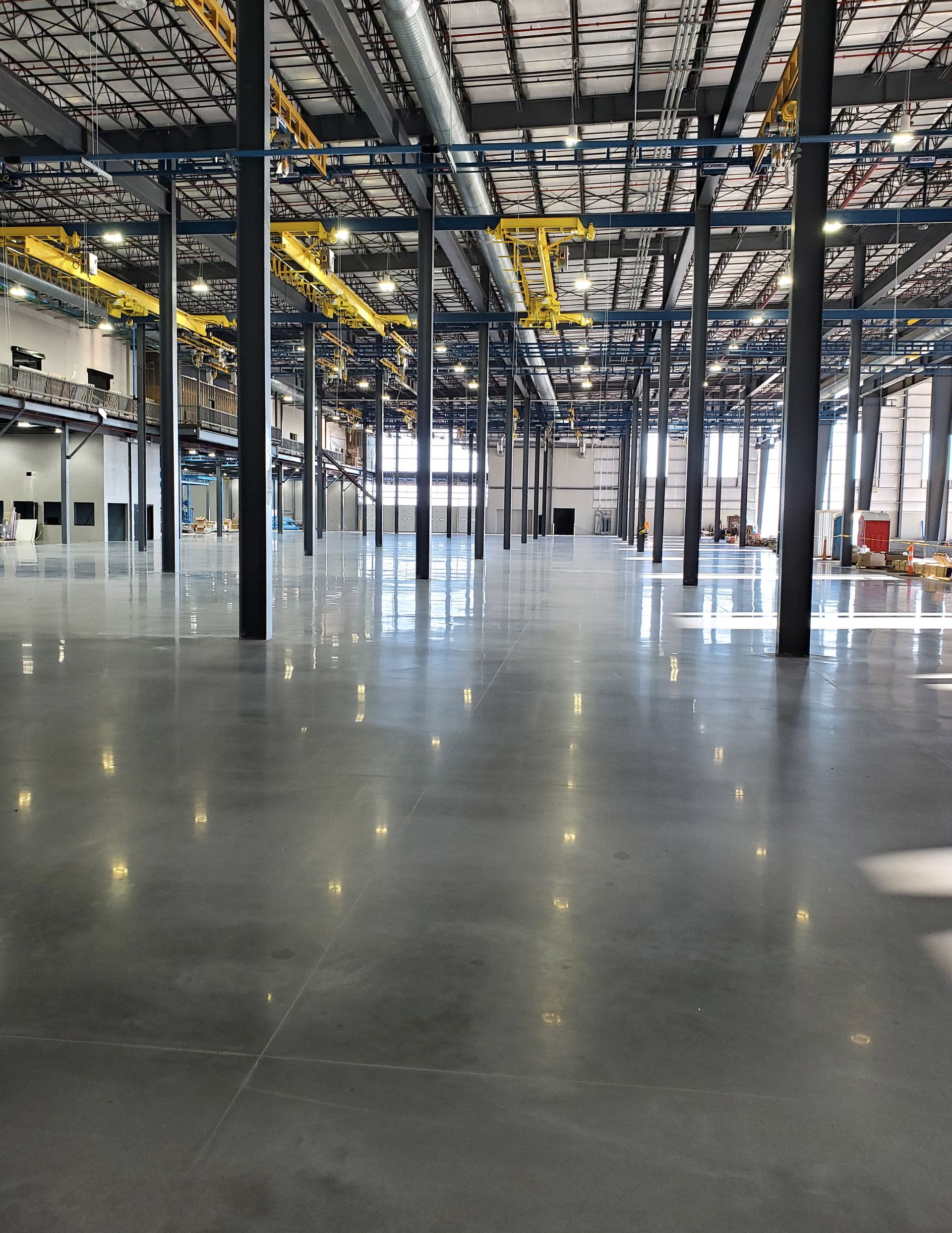 Warehouse interior with polished concrete floor