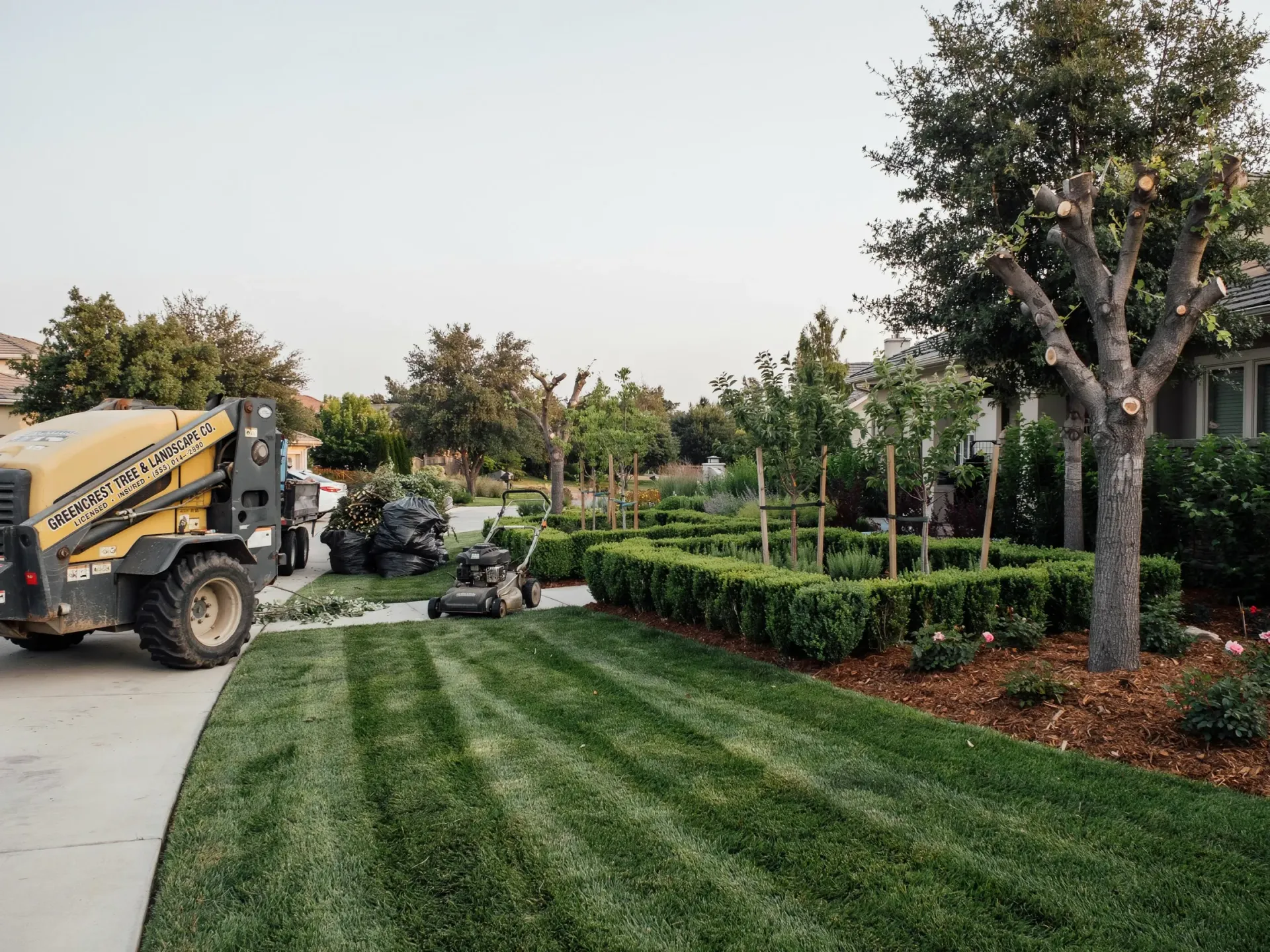 Utility workers trimming a large tree in a suburban yard beside a service truck