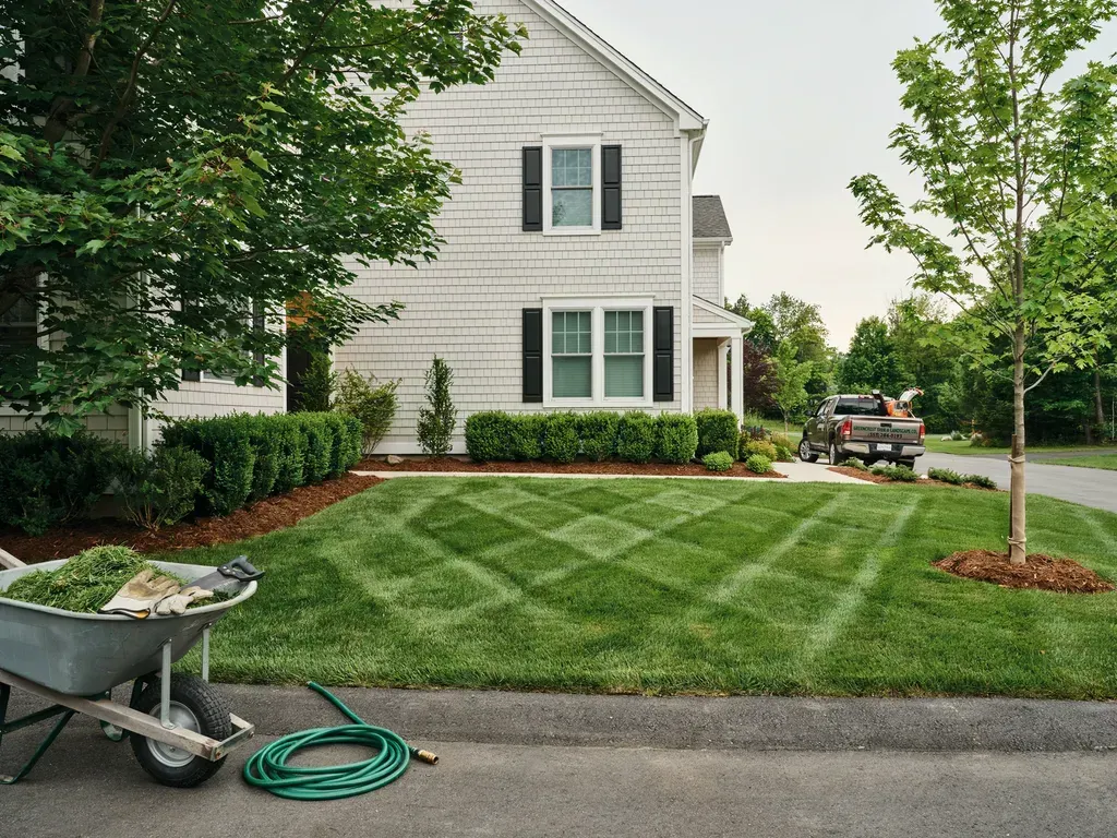 Suburban house with striped lawn, landscaping tools, and a truck in the driveway