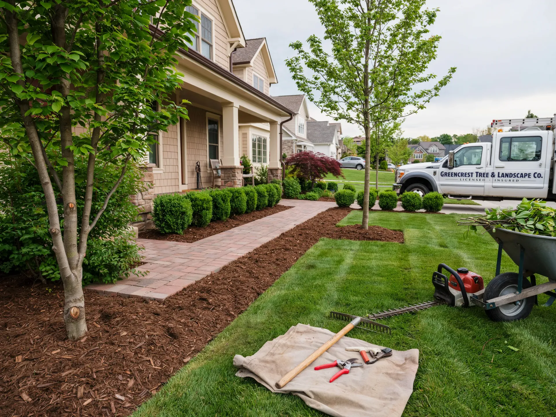 Landscaped front yard with fresh mulch, a brick walkway, and gardening tools on the lawn.