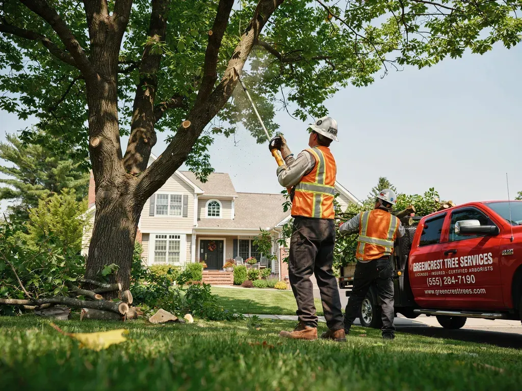 Tree service workers in orange vests trimming a large tree beside a suburban house and red truck.