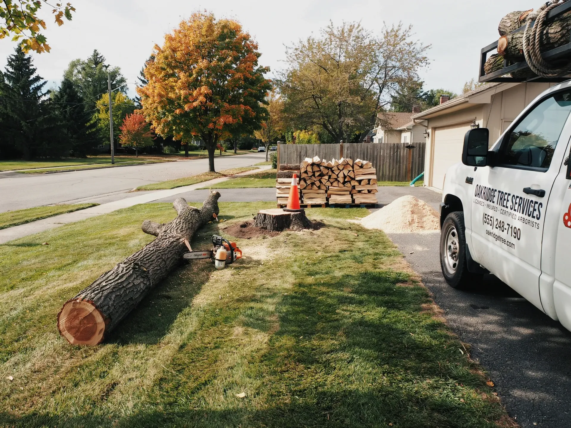 Tree stump and fallen log beside a house, with a white work truck and stacked firewood nearby.