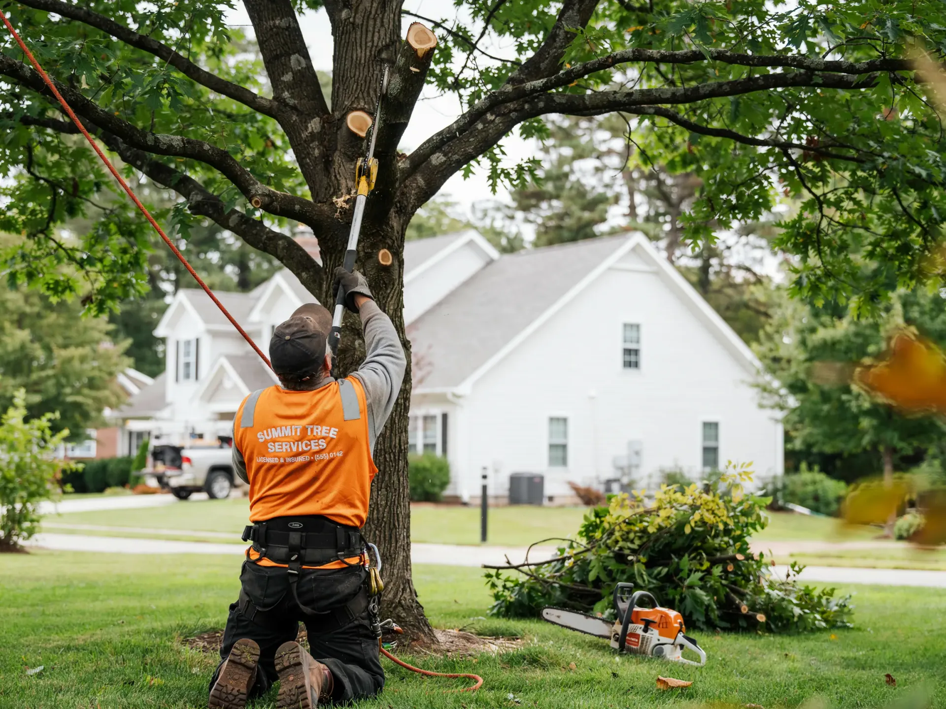 Worker in orange shirt trimming a tree in a suburban yard, with houses in the background.
