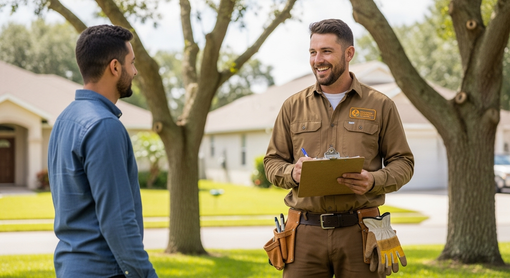 Two men talking outdoors, one in a brown uniform holding a clipboard and tool belt.