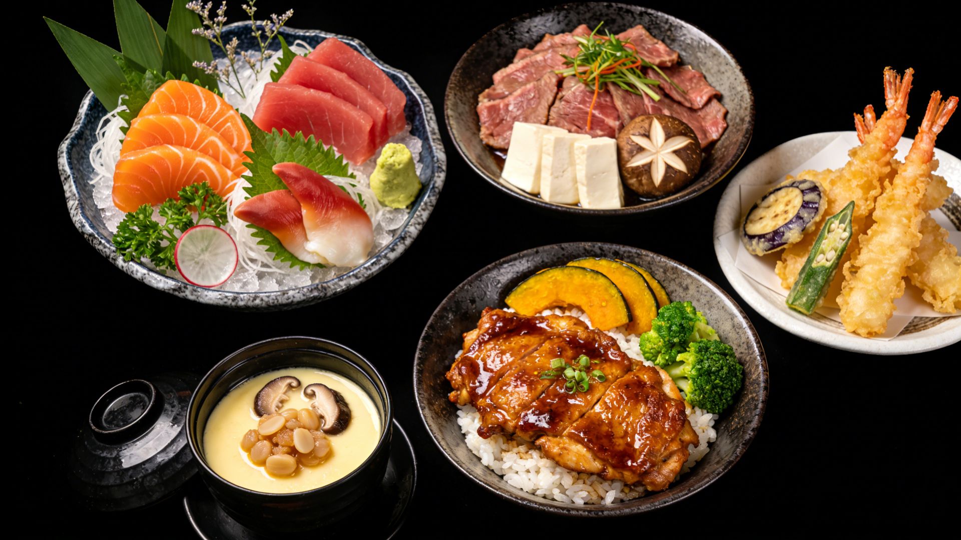 Assorted Japanese dishes on black plates: sashimi, hot pot, steak, tempura, and a dessert bowl