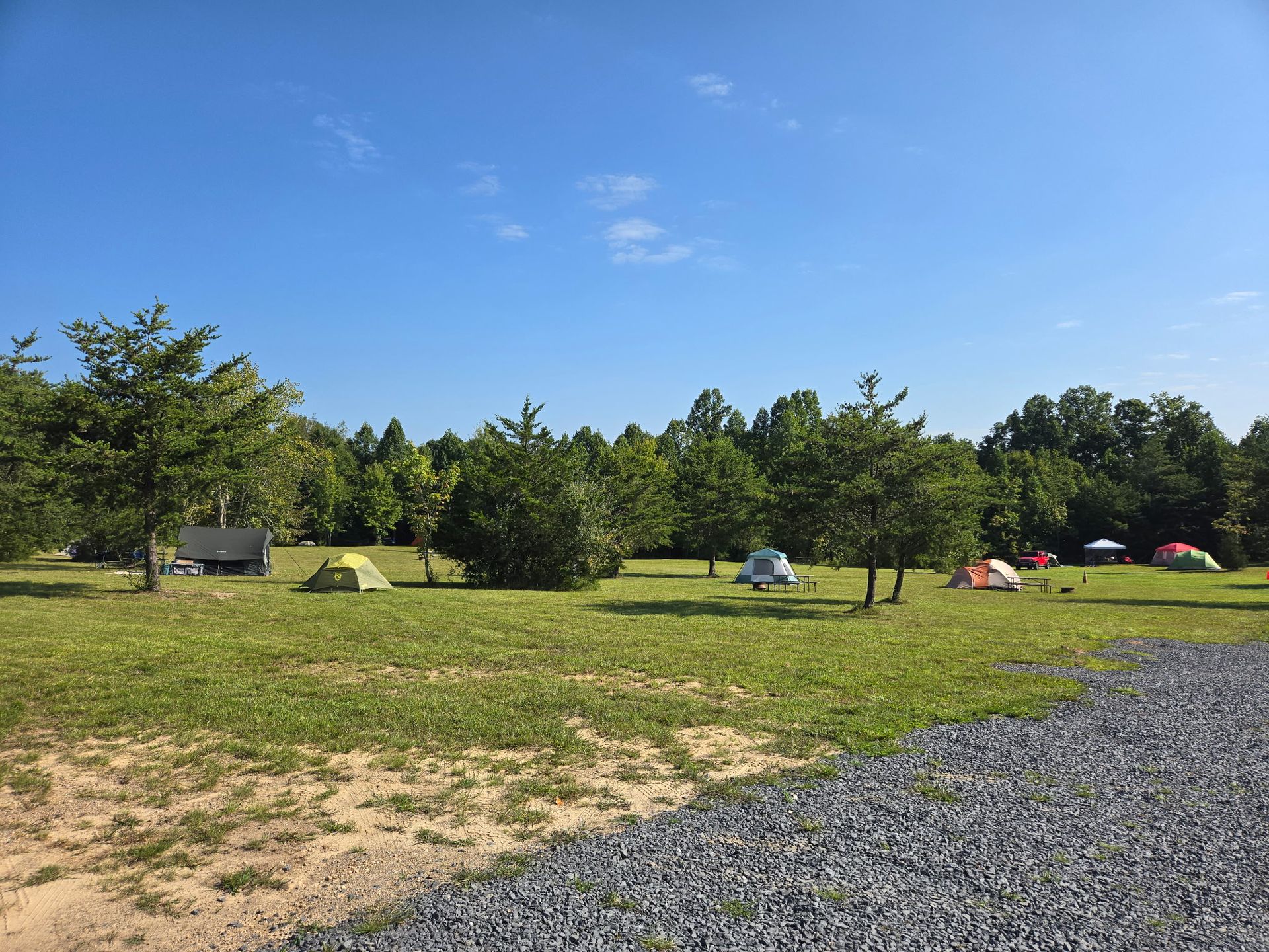 Grassy campground with several tents under trees beside a gravel path and blue sky