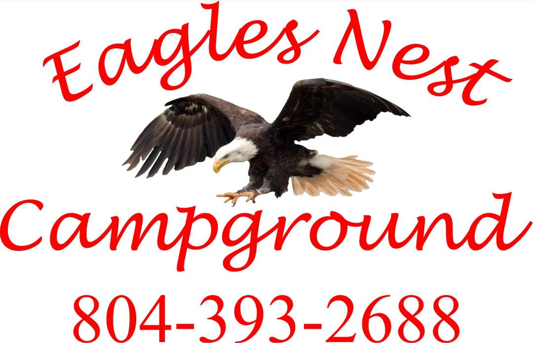 Eagles Nest Campground sign with flying eagle, red lettering, and phone number 804-393-2688