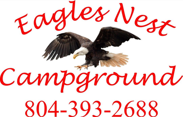 Eagles Nest Campground sign with flying eagle, red lettering, and phone number 804-393-2688