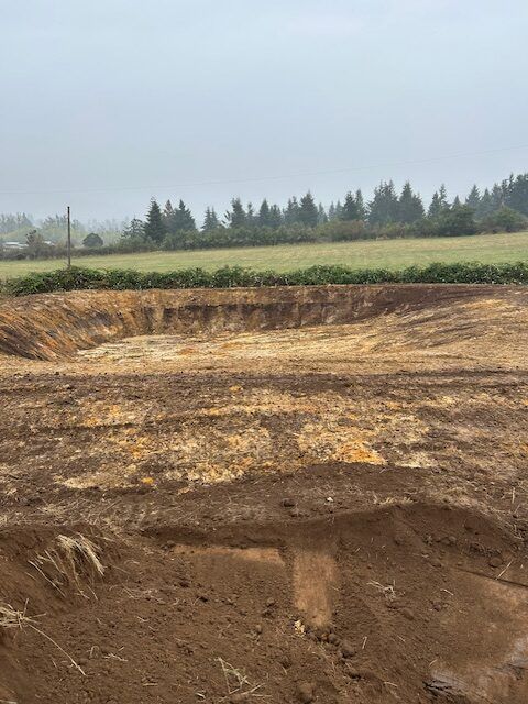 A large pile of dirt is sitting in the middle of a field.