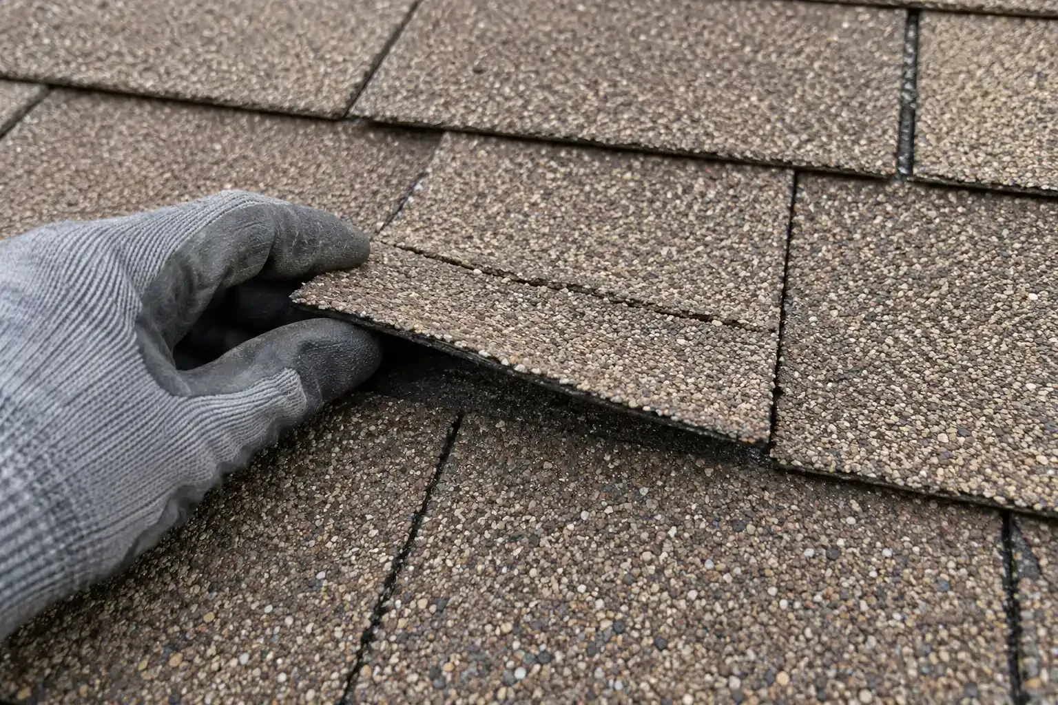 Gloved hand lifting a wind-creased shingle tab