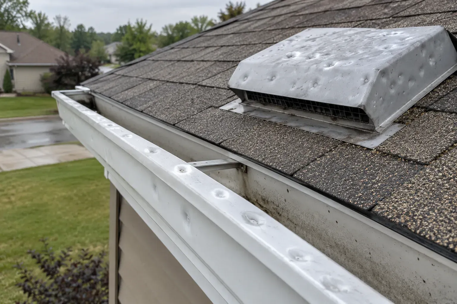 Row of hail dings along a metal downspout