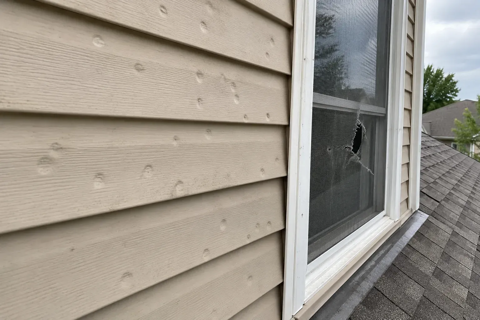 Dented siding and a torn window screen on the storm-facing side of a house