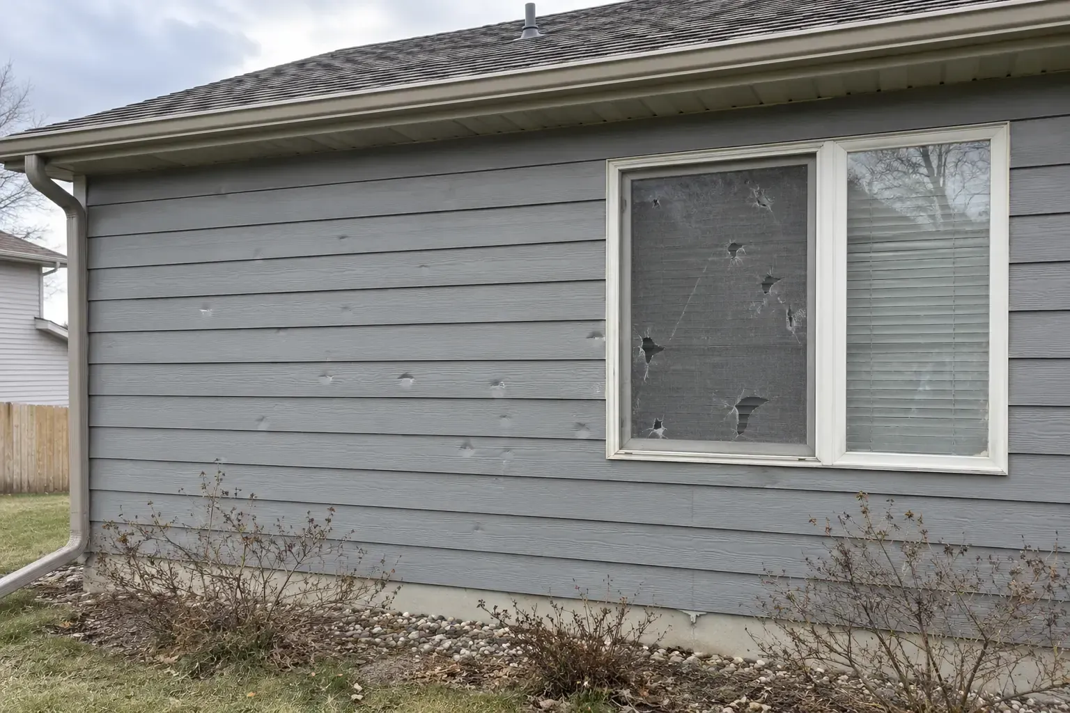 Small hail dents in vinyl siding beside a window with a torn screen