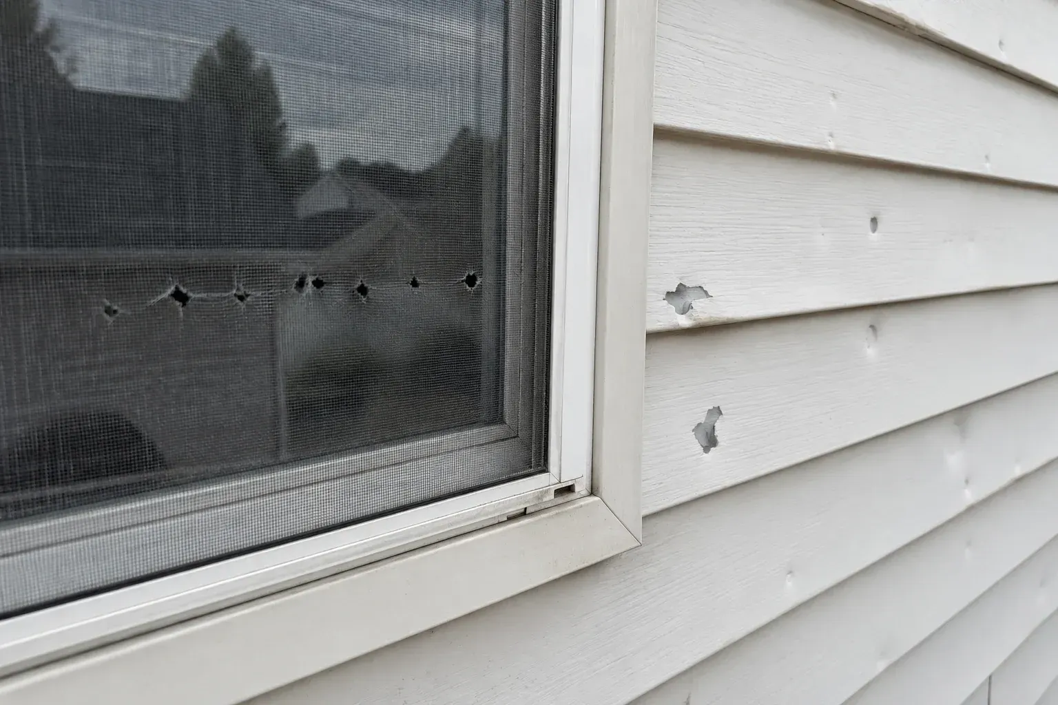 Dented vinyl siding and a punctured screen on a suburban home