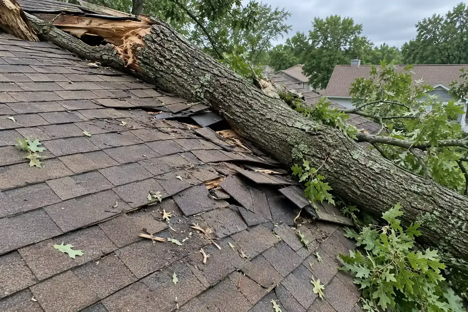 Broken tree limb lying on a roof with cracked shingles around it