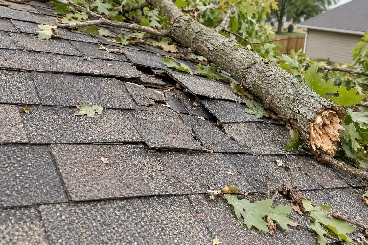 Broken tree branch lying across cracked shingles on a roof