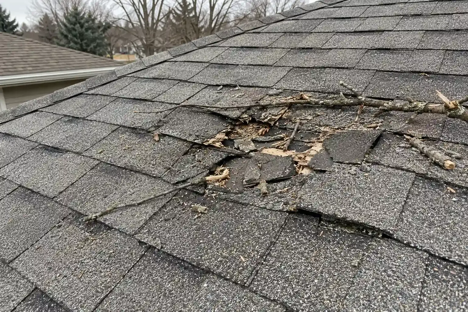 Split shingles under a fallen tree limb on a roof