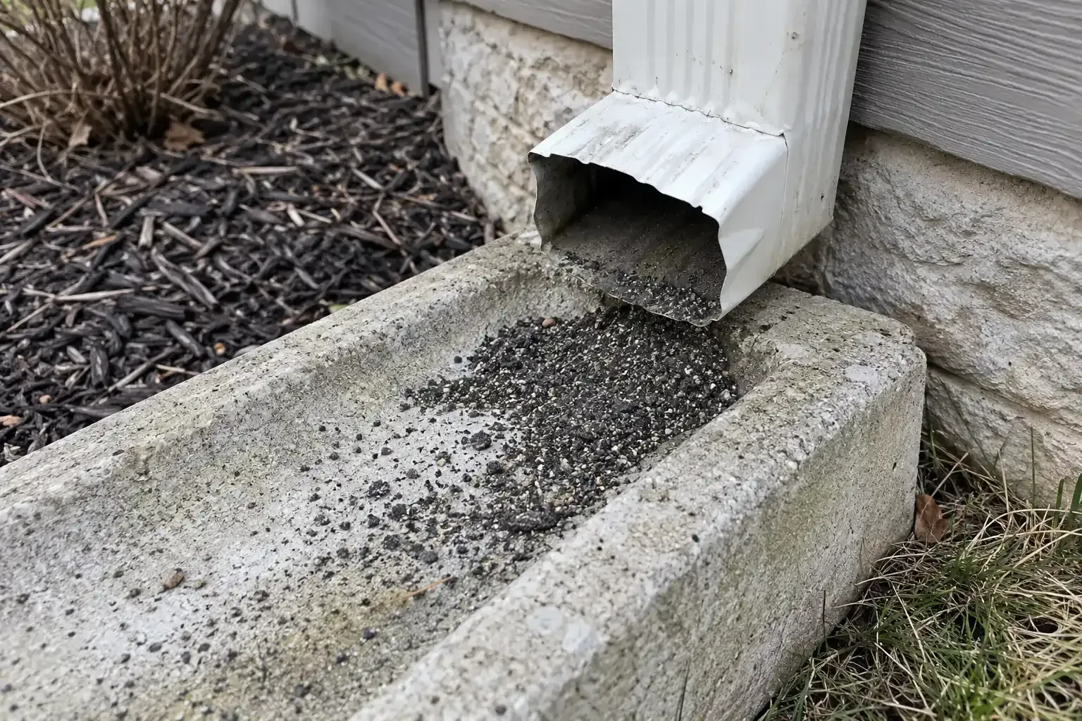 Dark, sandy shingle granules in the bottom of a gutter