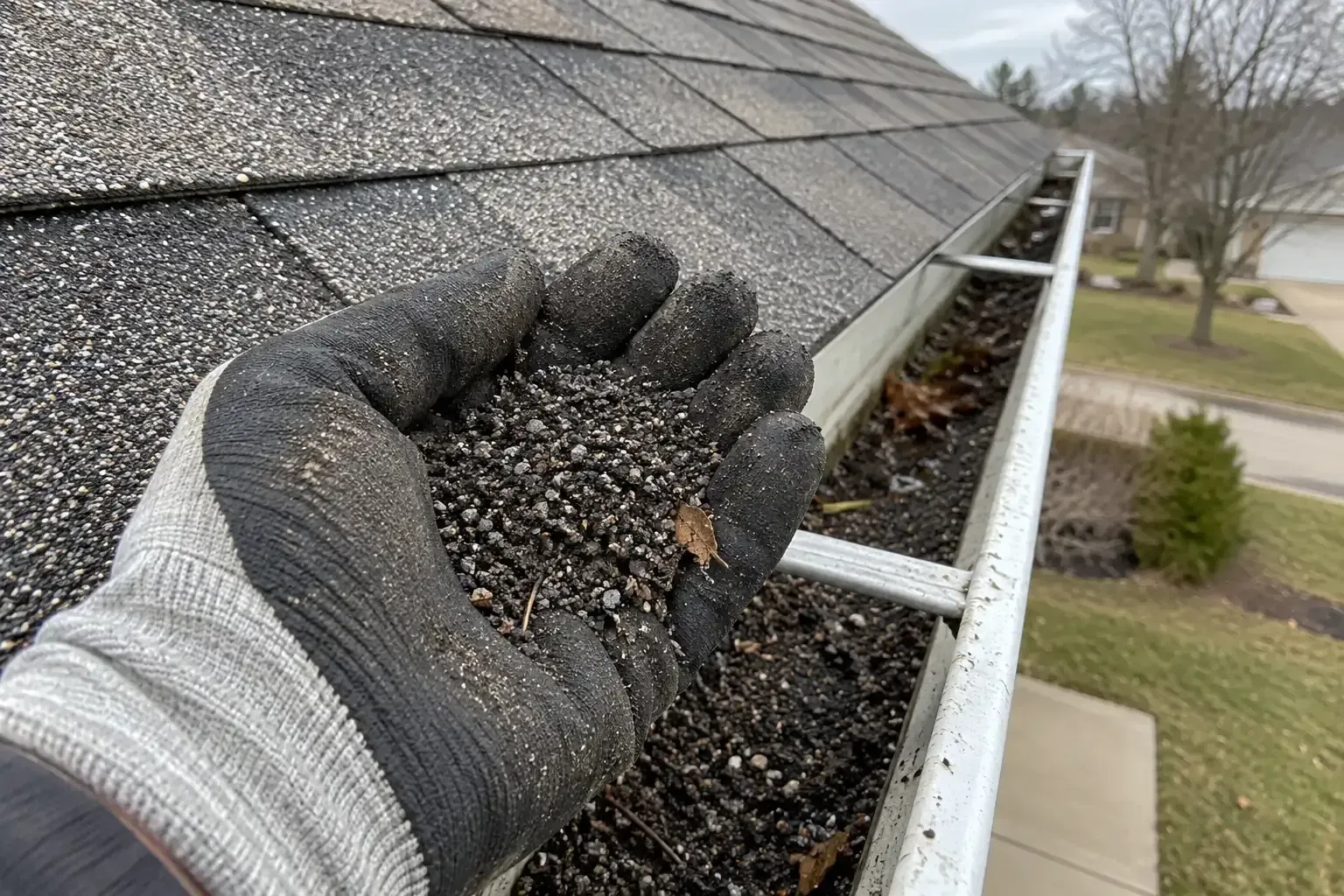 Coarse shingle granules collected in a gutter after a storm