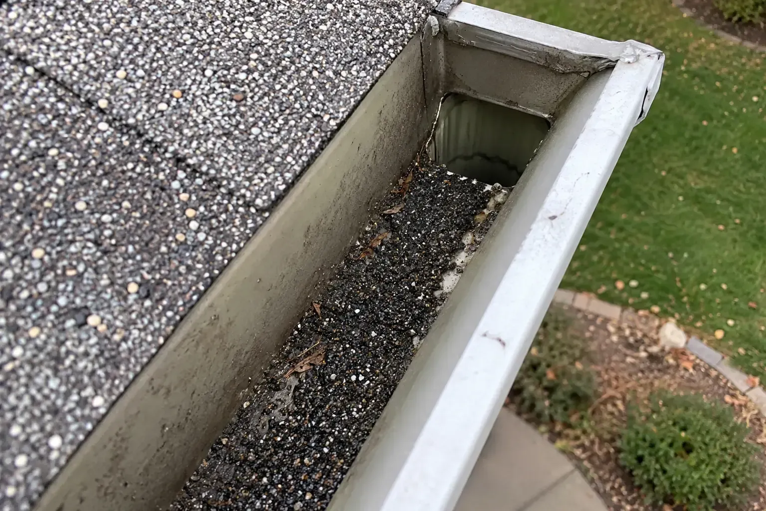 Shingle granules gathered at the mouth of a downspout