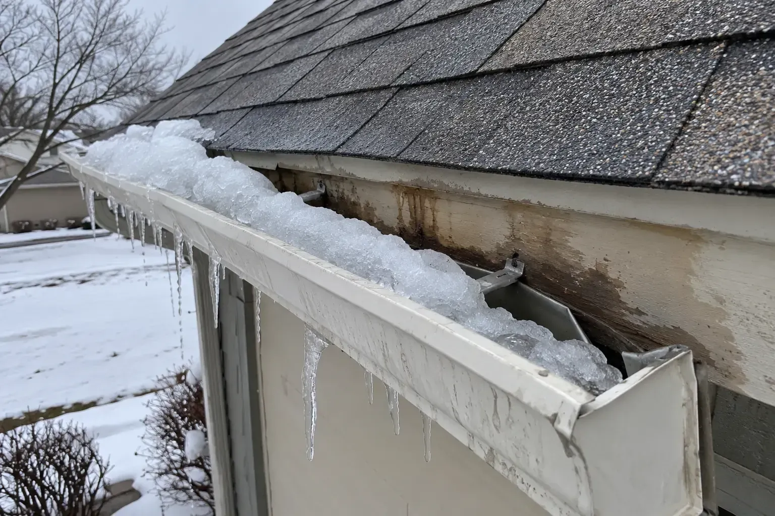 Gutter sagging away from a wood fascia board, with water stains behind it