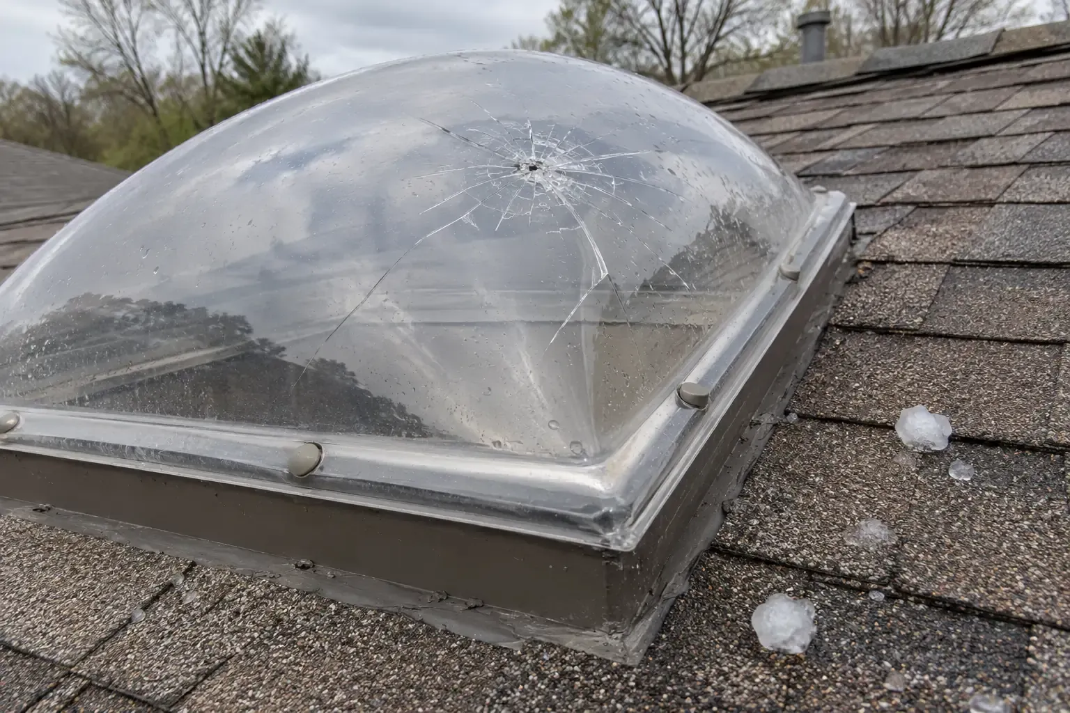 Cracked plastic skylight dome after a hailstorm