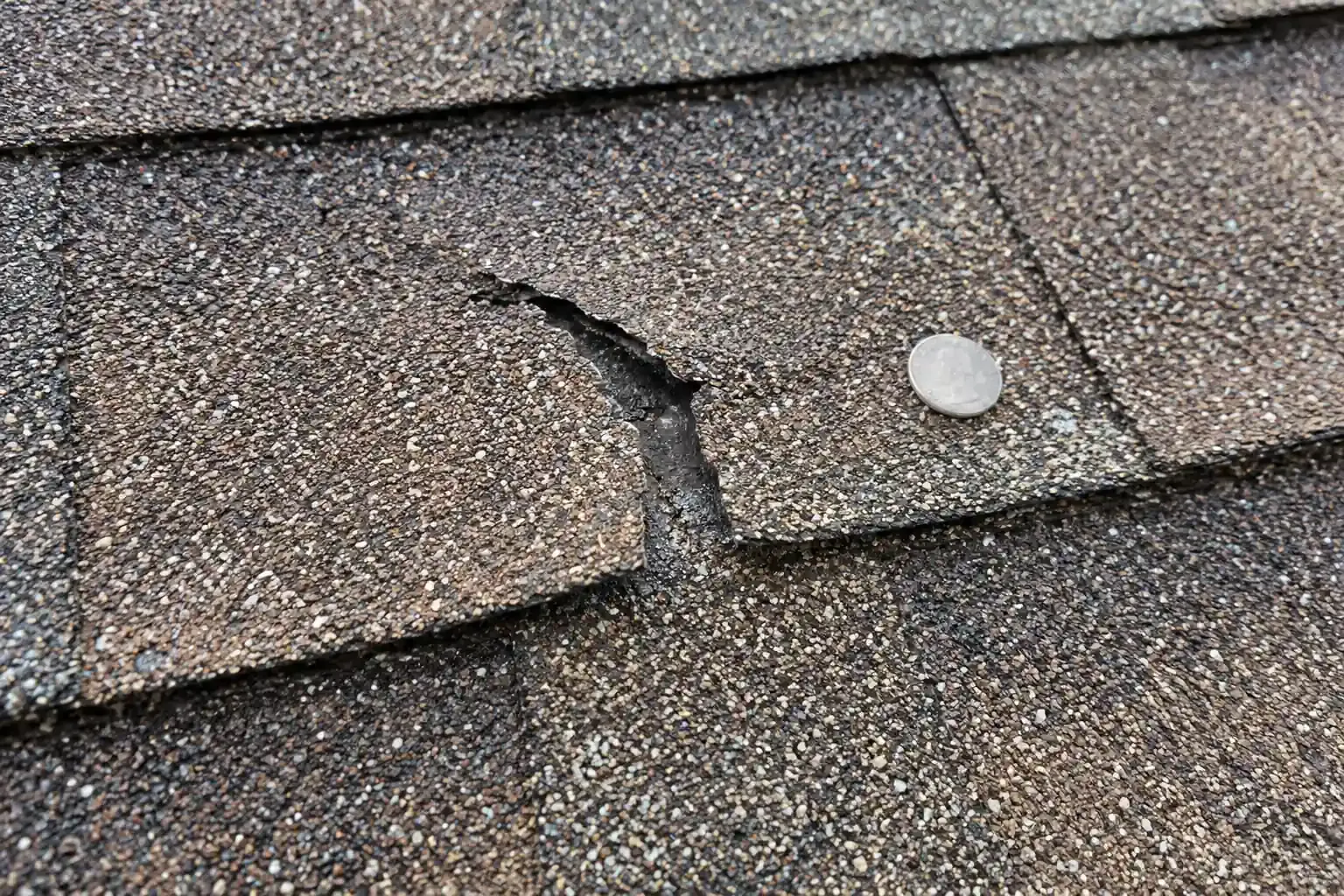 Split shingle with the crack outlined in chalk during an inspection