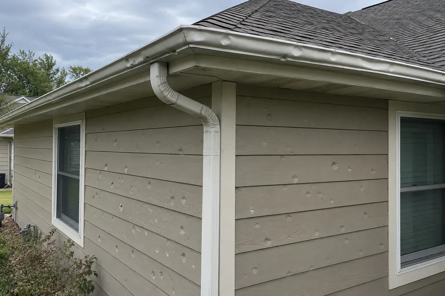 Hail dents on two different walls of a house and on the roof edge