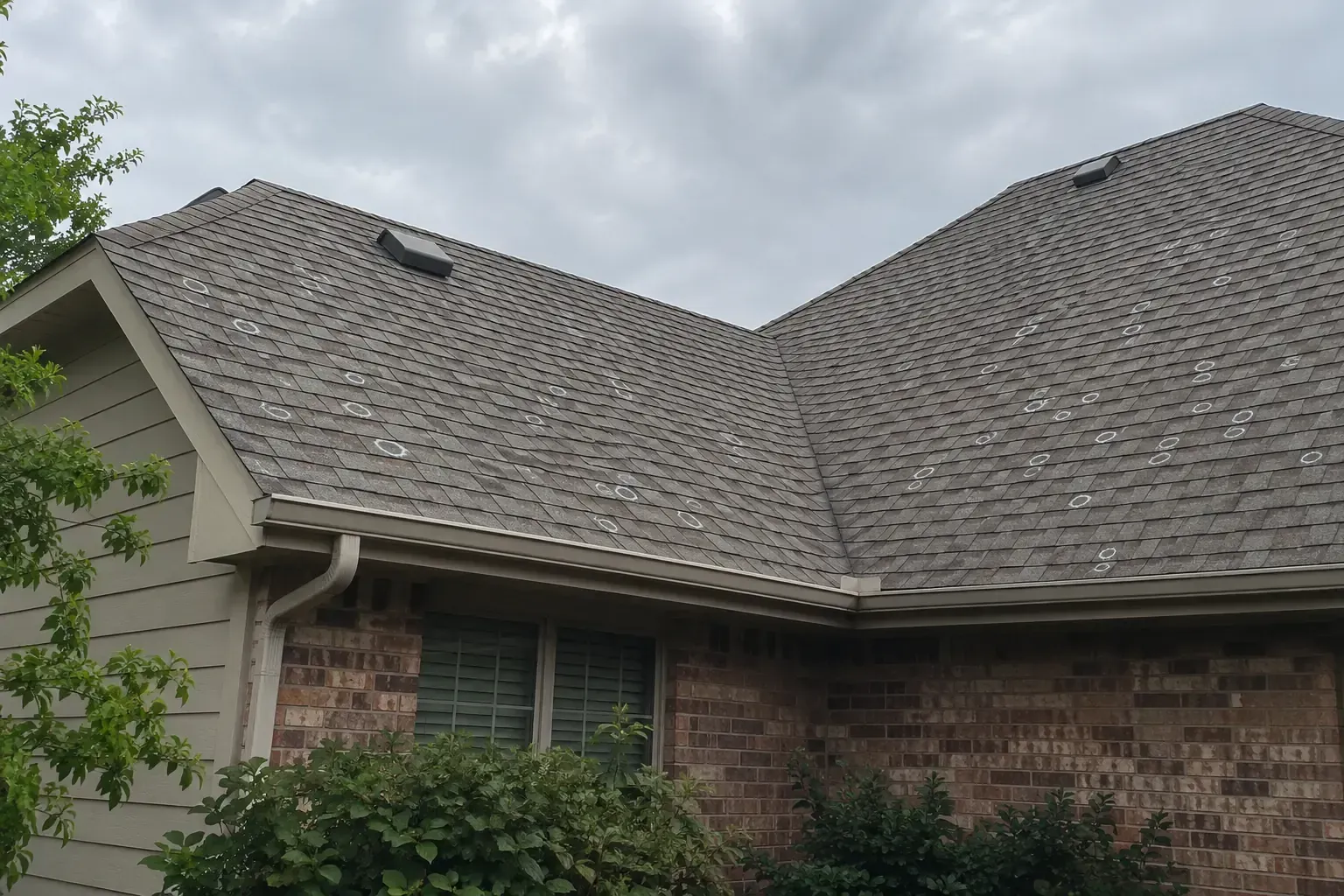 Hail marks on several roof slopes and two walls of one house