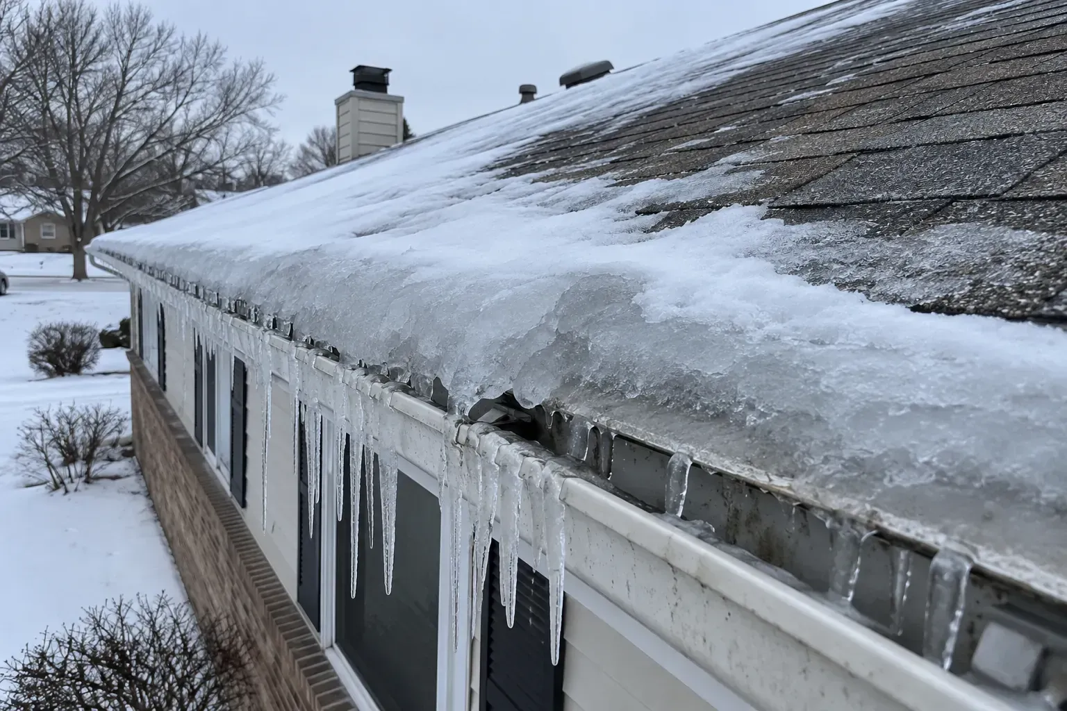 Thick ice dam and icicles along the eaves of a house