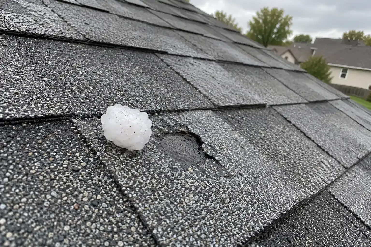 Large hailstone resting on a cracked shingle, tape measure beside it