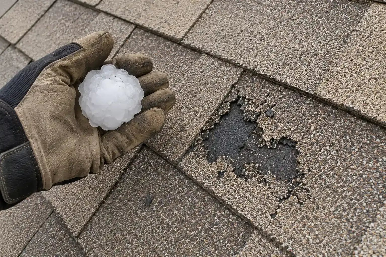 Shattered shingle beside a large hailstone and a tape measure