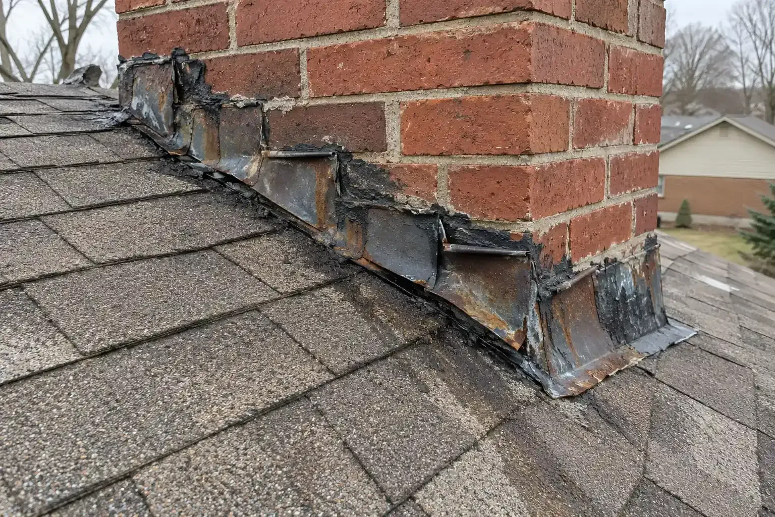 Rusted metal flashing and cracked sealant where a brick chimney meets the shingles