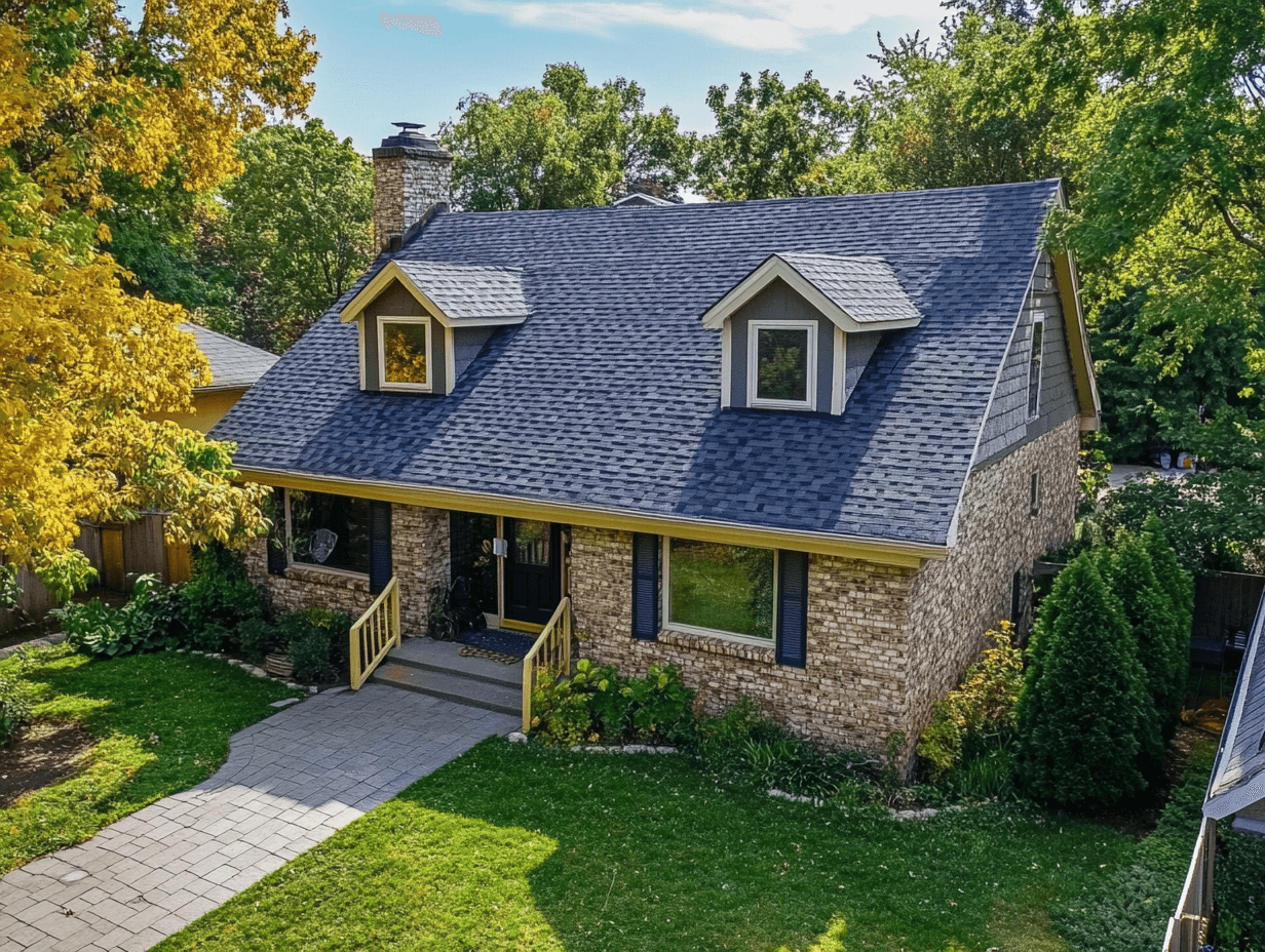 An aerial view of a house with a gray roof in a residential area.