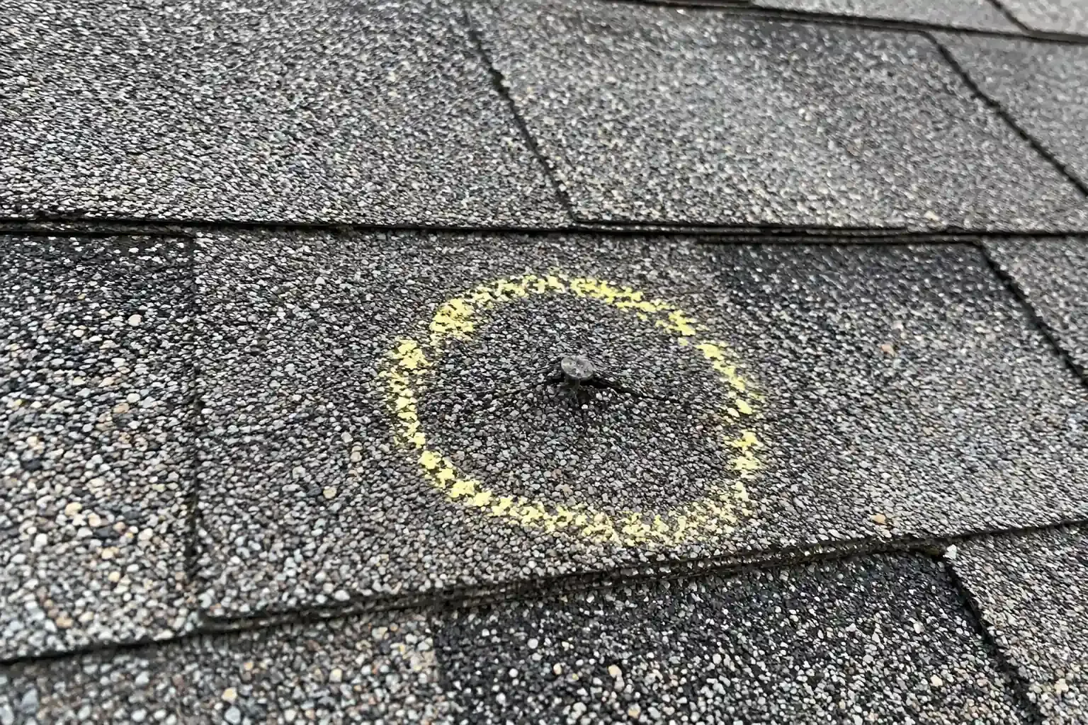 Raised nail head pushing up an asphalt shingle, with a coin beside it for scale
