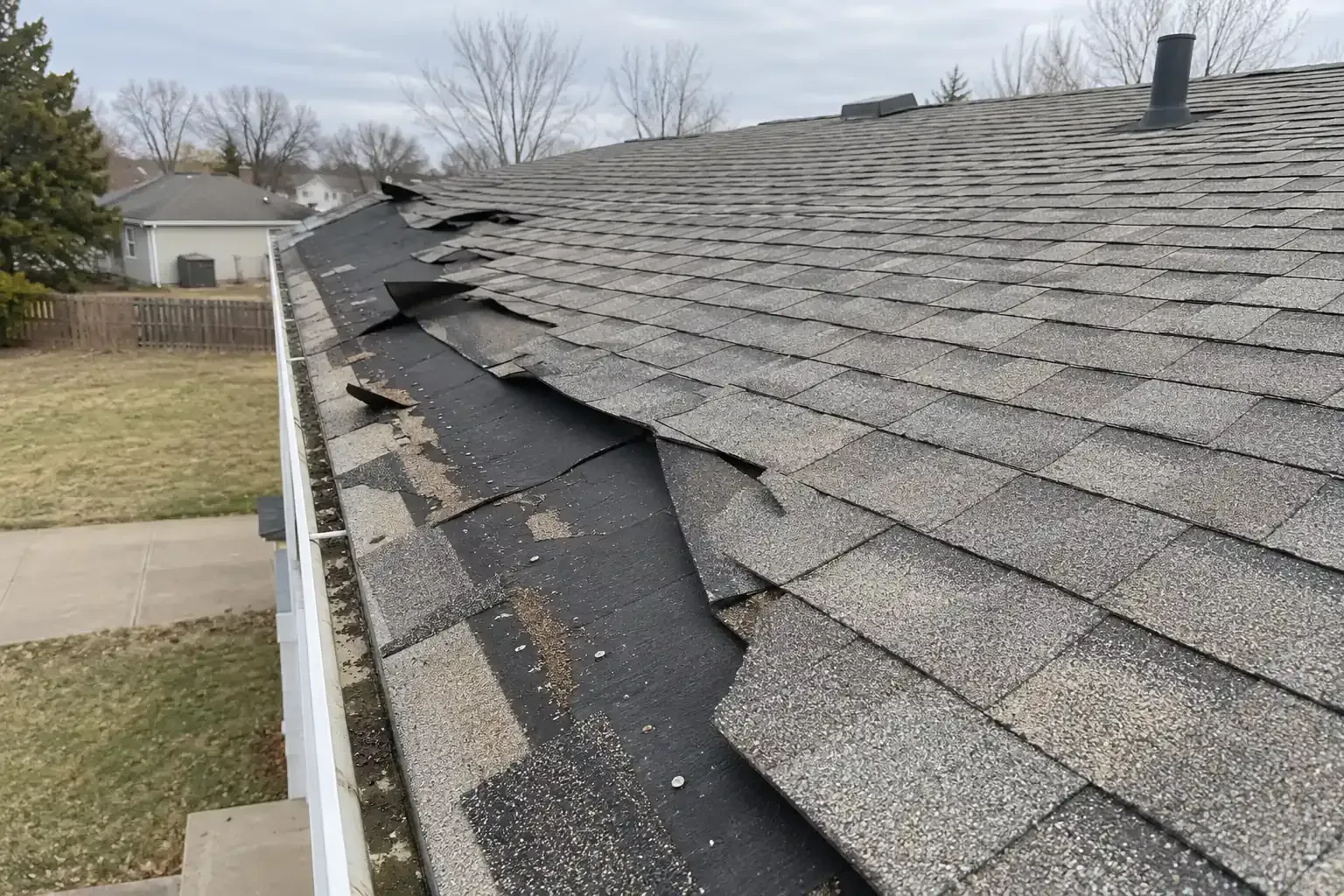 Torn and lifted shingle tabs along a roof after a strong windstorm