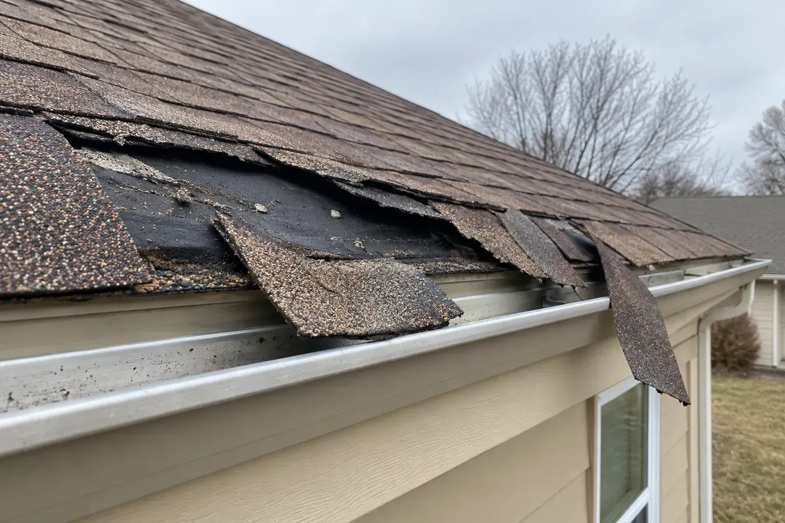 Shingles torn from the edge of a roof after strong winds
