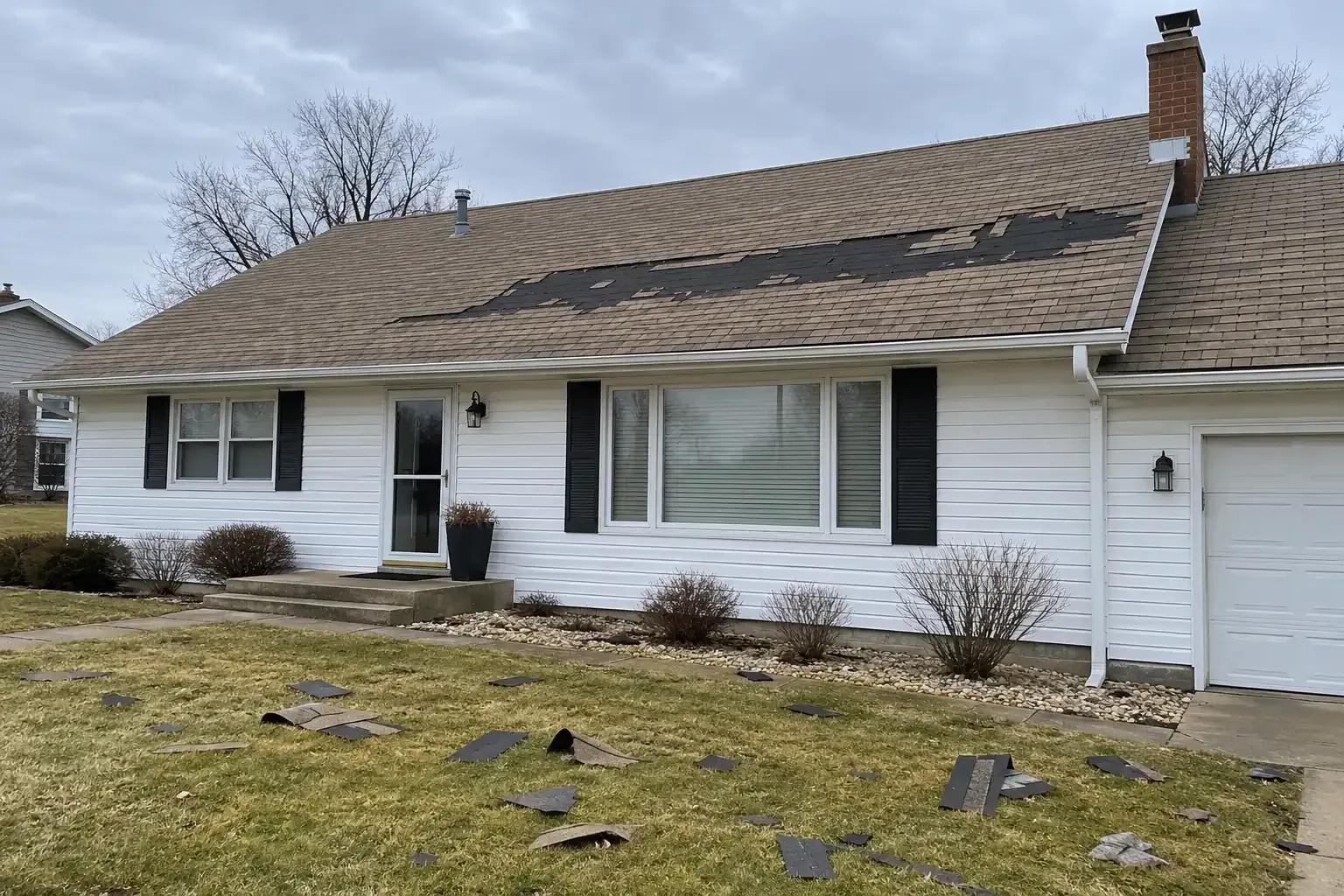 Rows of shingles peeled back along a roof after high wind